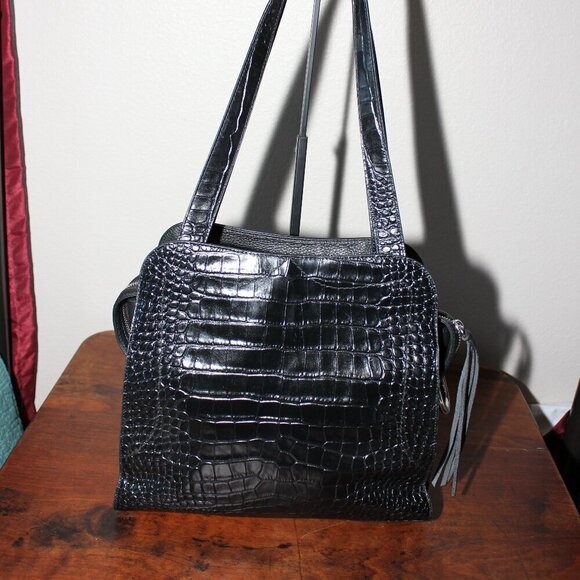 Vince Camuto Womens Black North South Tal Croc Embossed Leather Tote Bag Purse - Picture 3 of 12